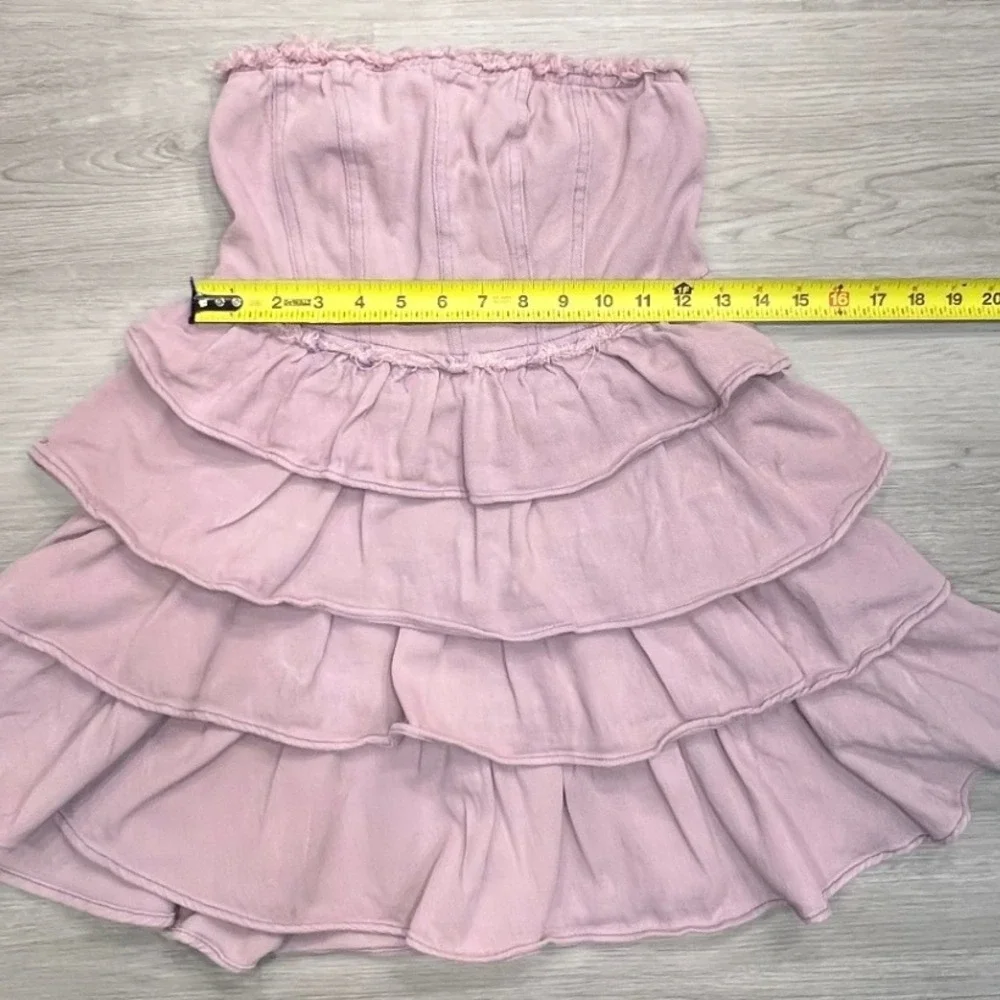 So Me Denim Strapless Tiered Ruffle Mini Dress Sz Small Smocked Mauve Pink - Picture 8 of 10
